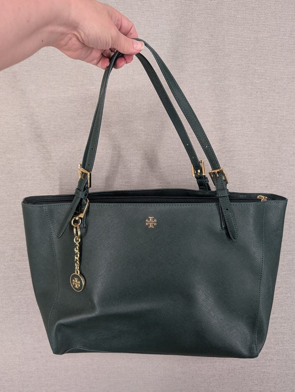 Tory Burch Dark Green Saffiano Leather Tote Bag Gold Hardware Large Handbag